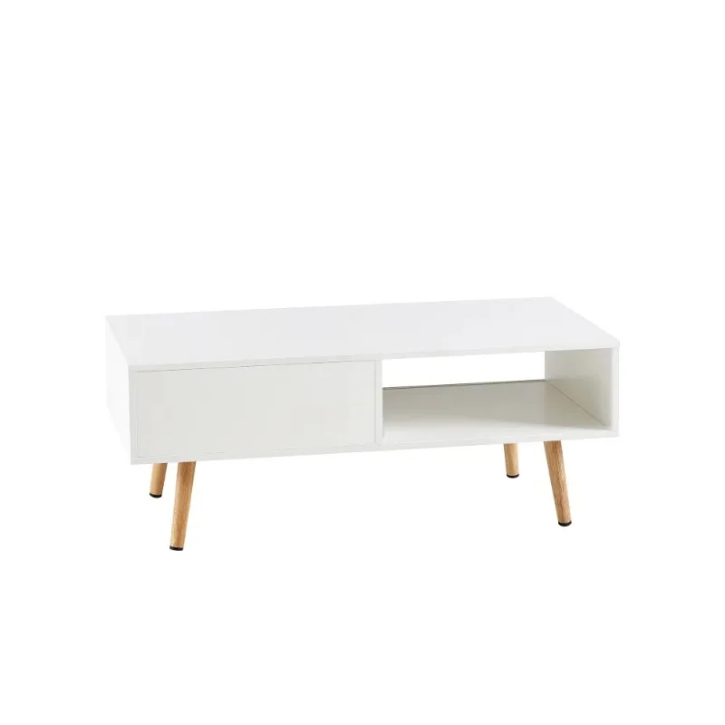 Table basse en bois avec porte de rangement coulissante en rotin,