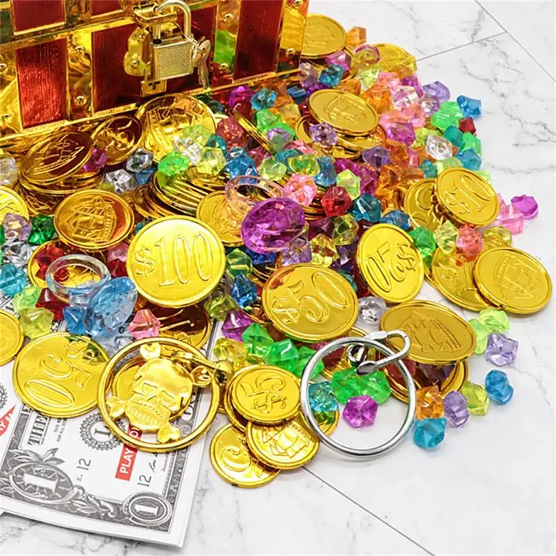 Treasure Box Gold Coins Fake Treasure Box For Kids With Gem Gold Coins Antique Color With Lock For Party Favors Props Decoration