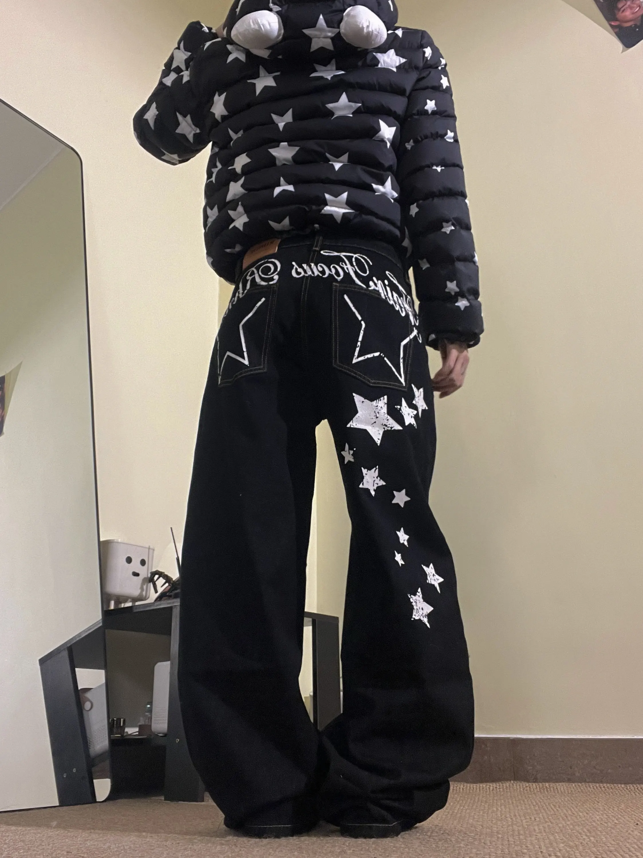 

Retro American High Street Star Print Lettering Men's And Women's Loose Wide Leg Jeans Trendy Knife Shape Denim Pants