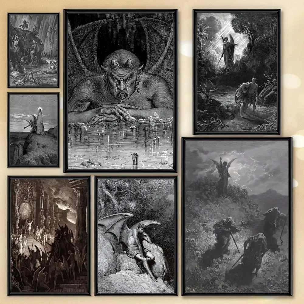 

Gustav Dore Satan Paradise Lost Monster Painting Calligraphy Premium Cotton Canvas Poster Wall Art for Living Room Decor