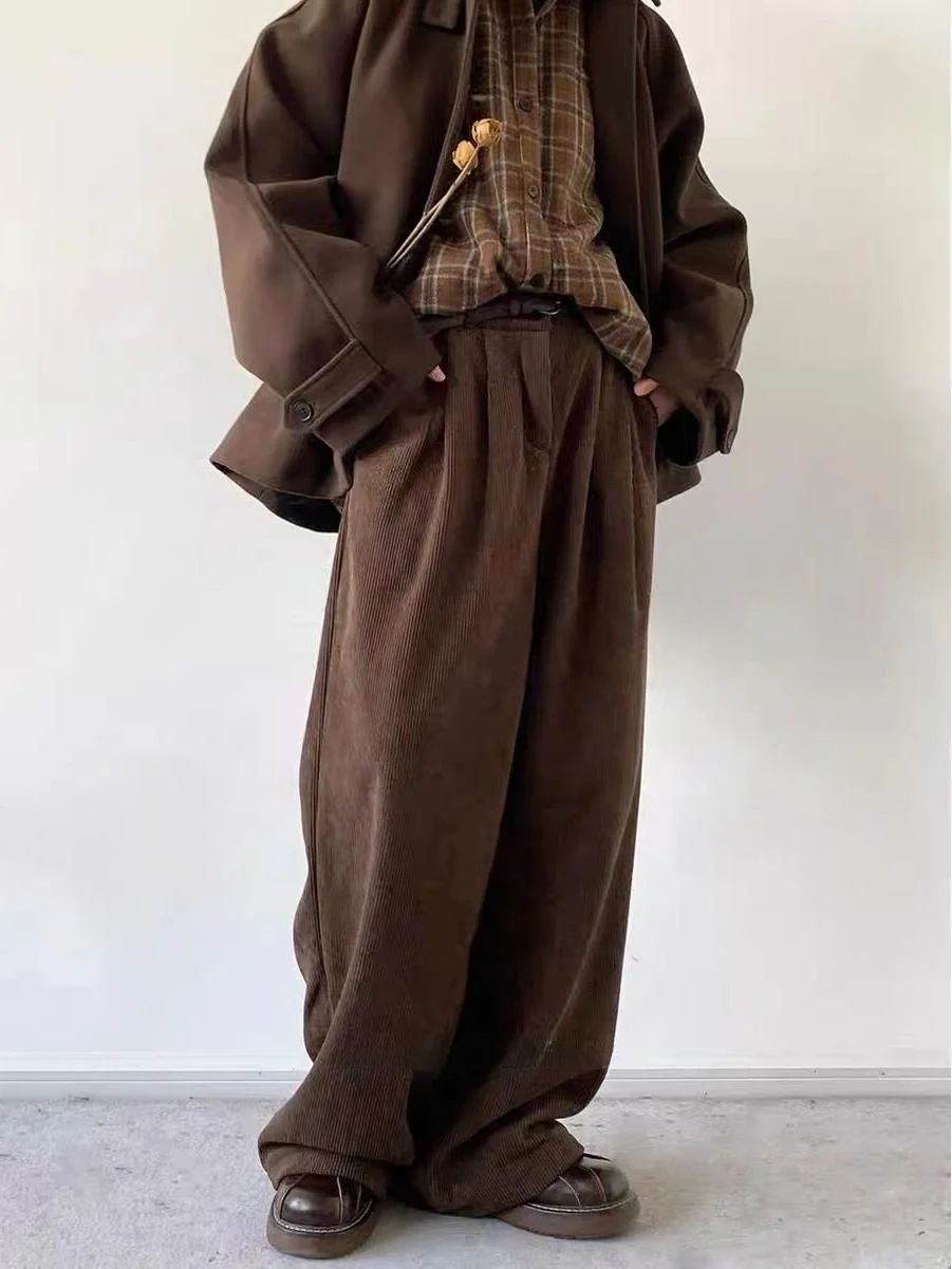 

Ретро-джинсы в японском стиле из вельвета, рабочие брюки для мужчин и женщин, повседневные, свободные, с широкими штанинами, на осень-зиму, с подкладкой, молодежные, энергичные, стильные