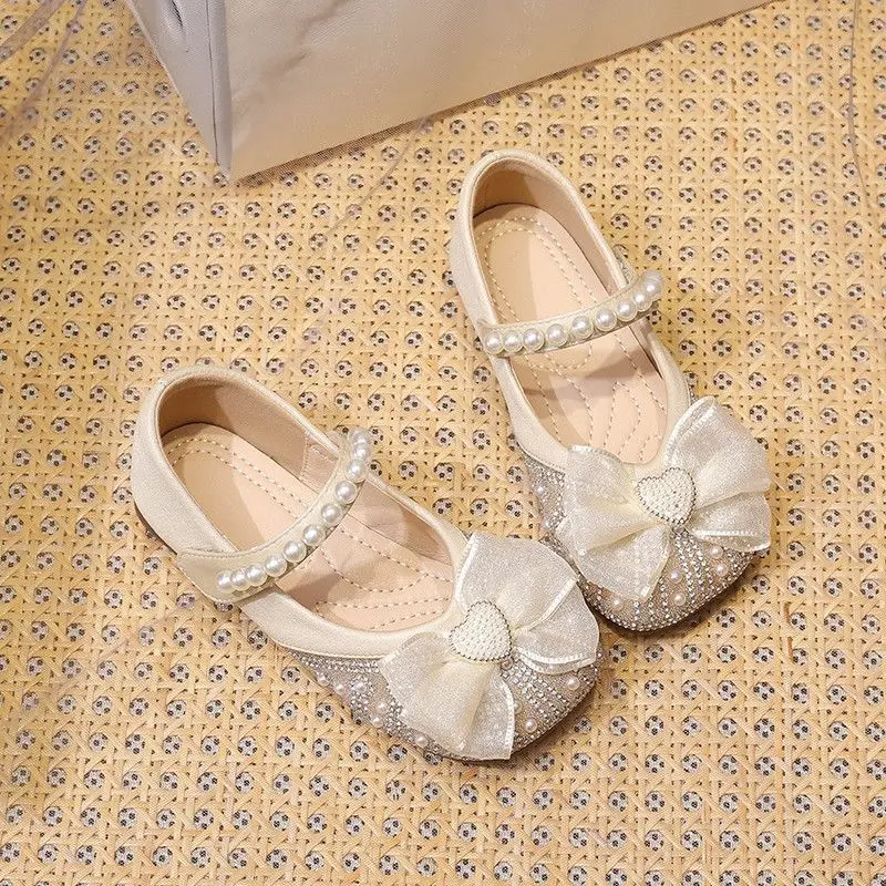 Princess shoes for girls2024Summer New Crystal Shoes Spring and Autumn Shoes Bow Soft Bottom