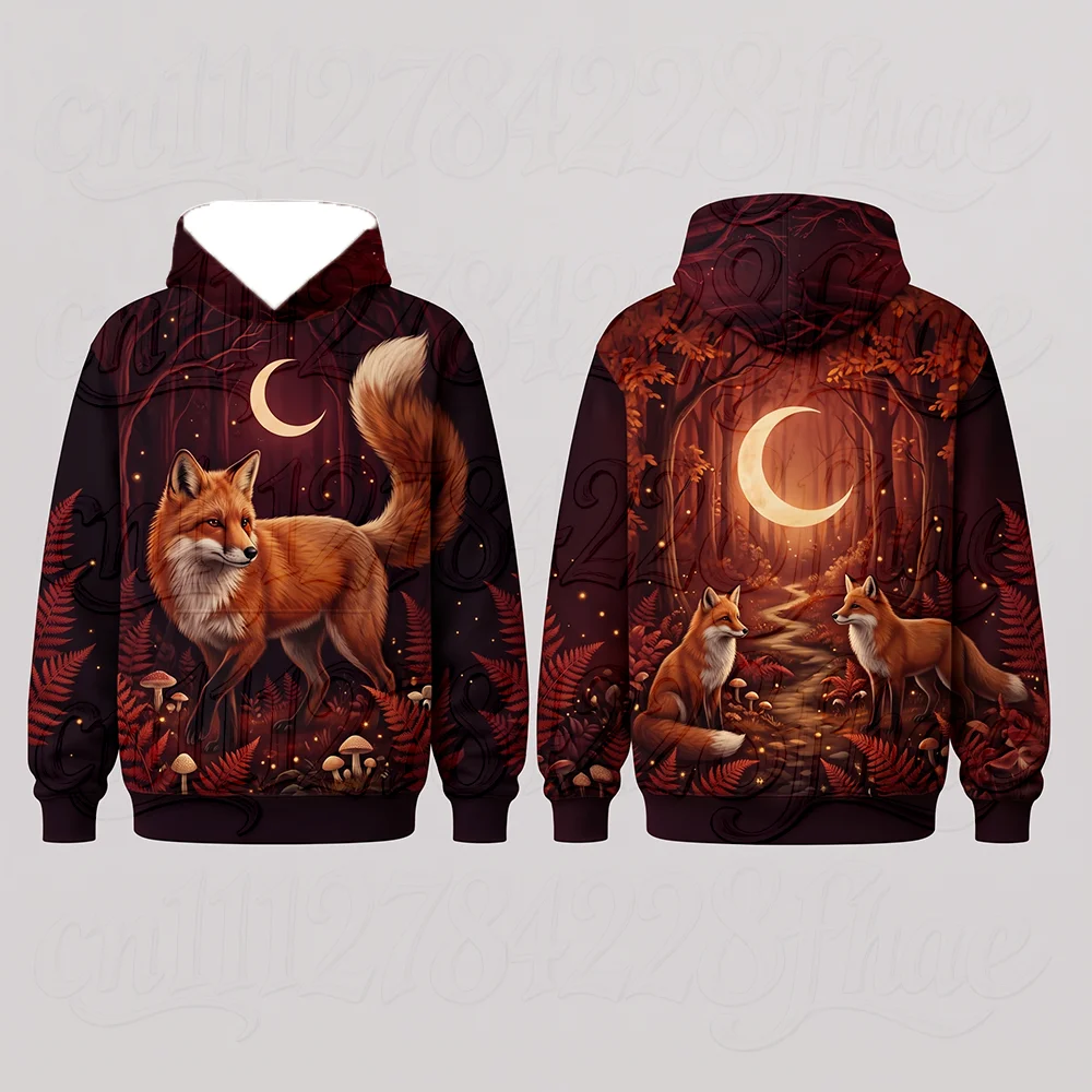 Men Hooded Long Sleeve Sweatshirt Forest Animal Mushroom Printed Hoodie Mystic Nature Landscape Aesthetic Halloween Thanksgiving
