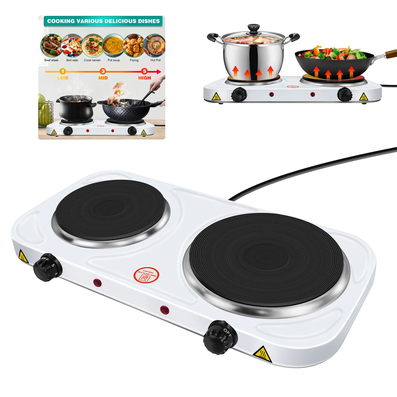 موقد كهربائي سلكي 1500 وات، لوح تسخين مزدوج، موقد كهربائي بحلقتين مع إعدادات حرارة متغيرة، طباخ كهربائي على سطح الطاولة، مخيم