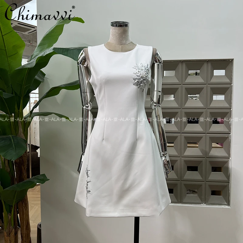 

French Elegant Socialite Evening Party Dress Crew Neck Sleeveless Embroidered Sequins Beaded High Waist A-line Short Dress Women