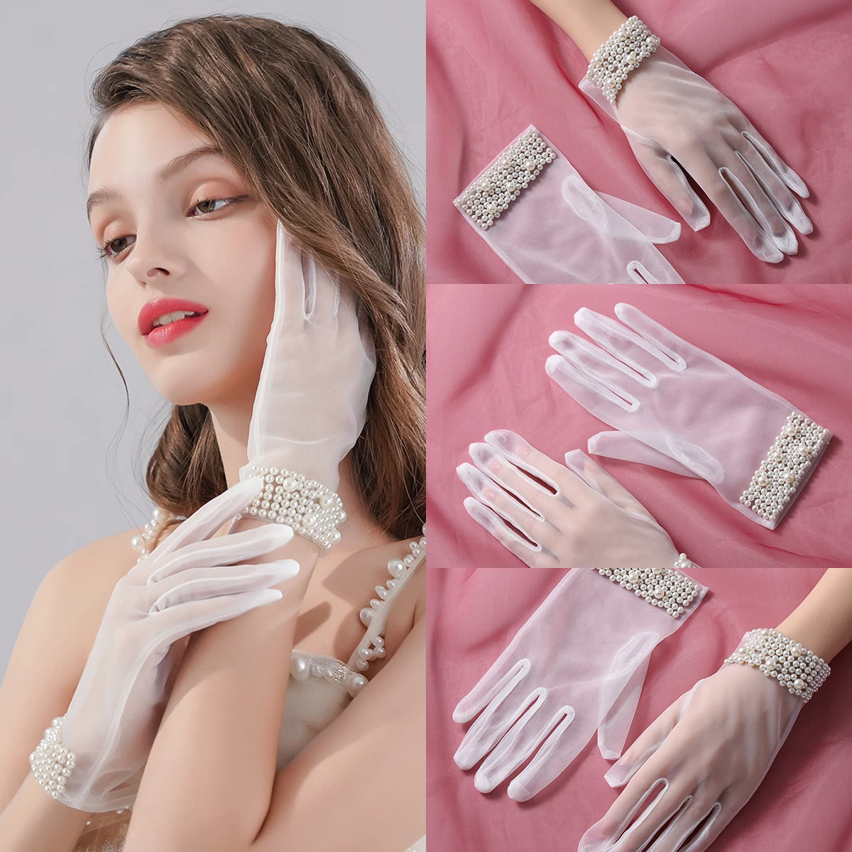 A pair of white beaded fingered style wrist length gloves suitable as accessories for bride weddings or women's dances