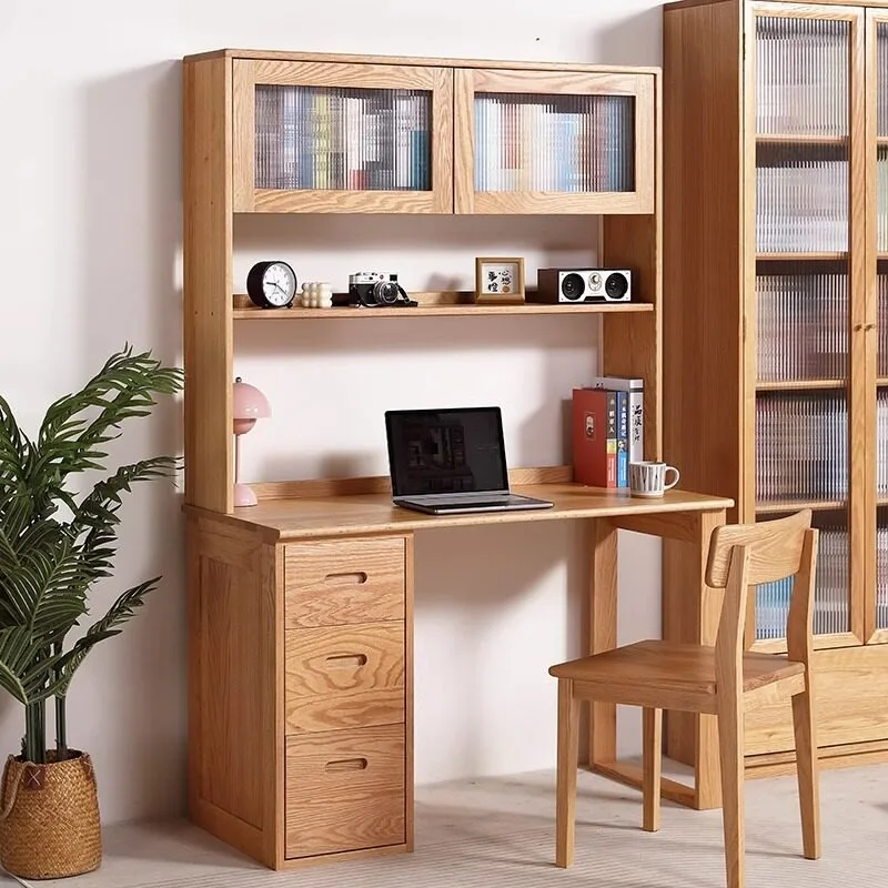All solid wood red oak Prague desk plus shelf oak book table chair study table combination one-piece storage desk