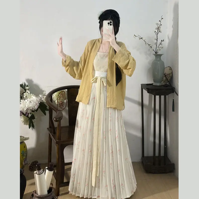 

Оригинальный комплект Song Hanfu — женский топ с аэрорукавами и цельной плиссированной юбкой, традиционный женский древний китайский костюм
