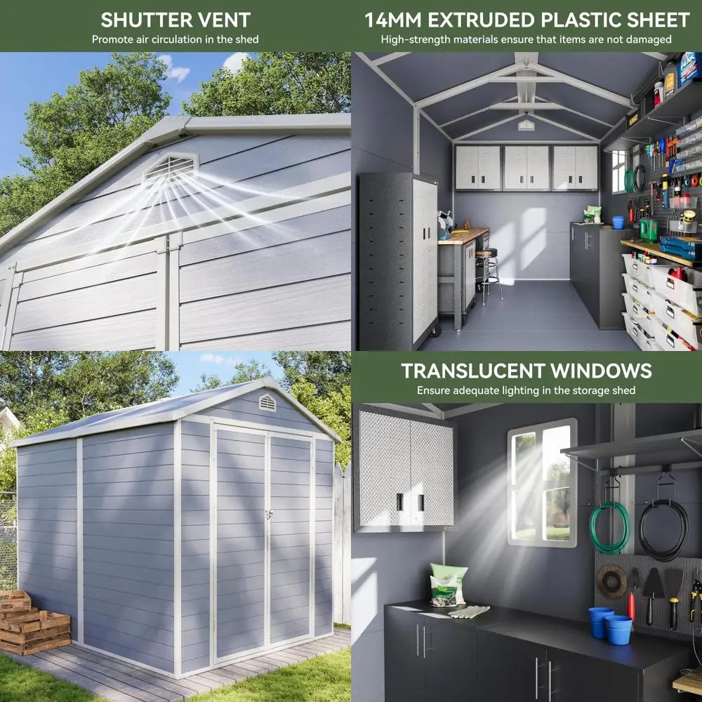 

Пластиковый навес для хранения на открытом воздухе размером 8 x 6,2 фута с запирающейся дверью для сада, патио и газона — серый