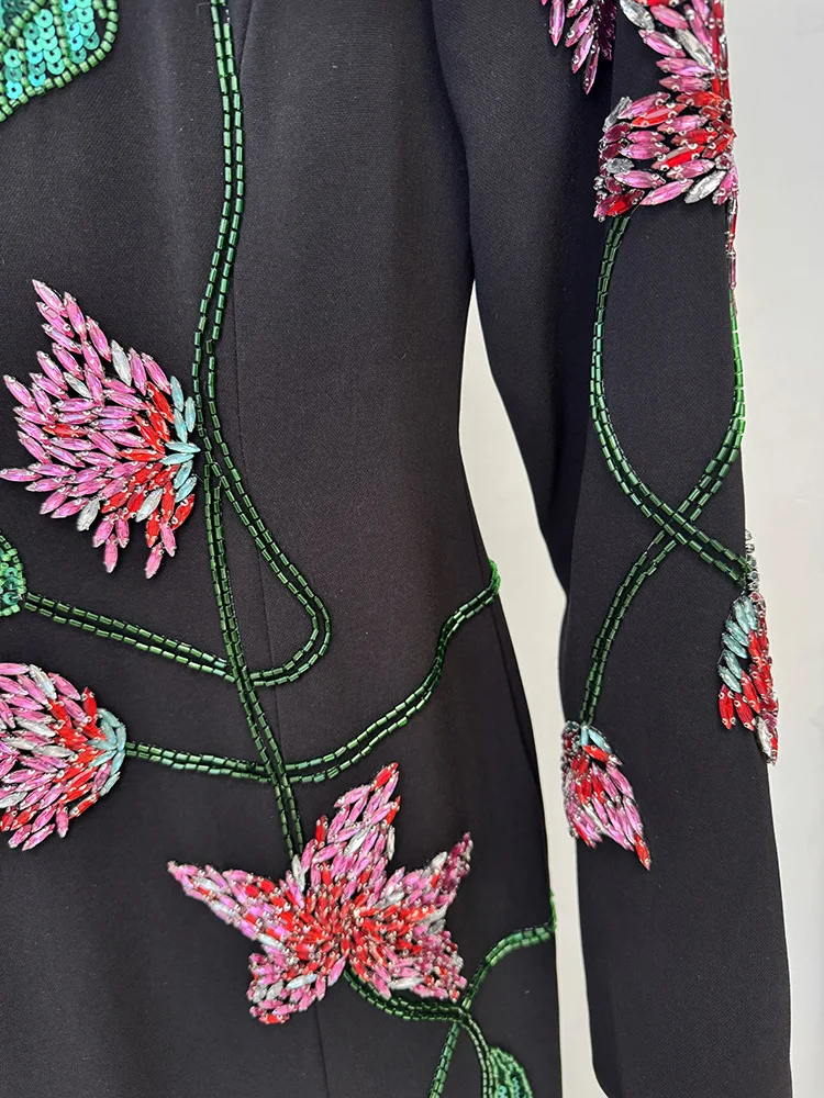 TOP QUALITY Newest Fashion 2025 Designer Party Vestido Women's Flowers Diamonds Beaded Slit Sleeve Long Maxi Dress