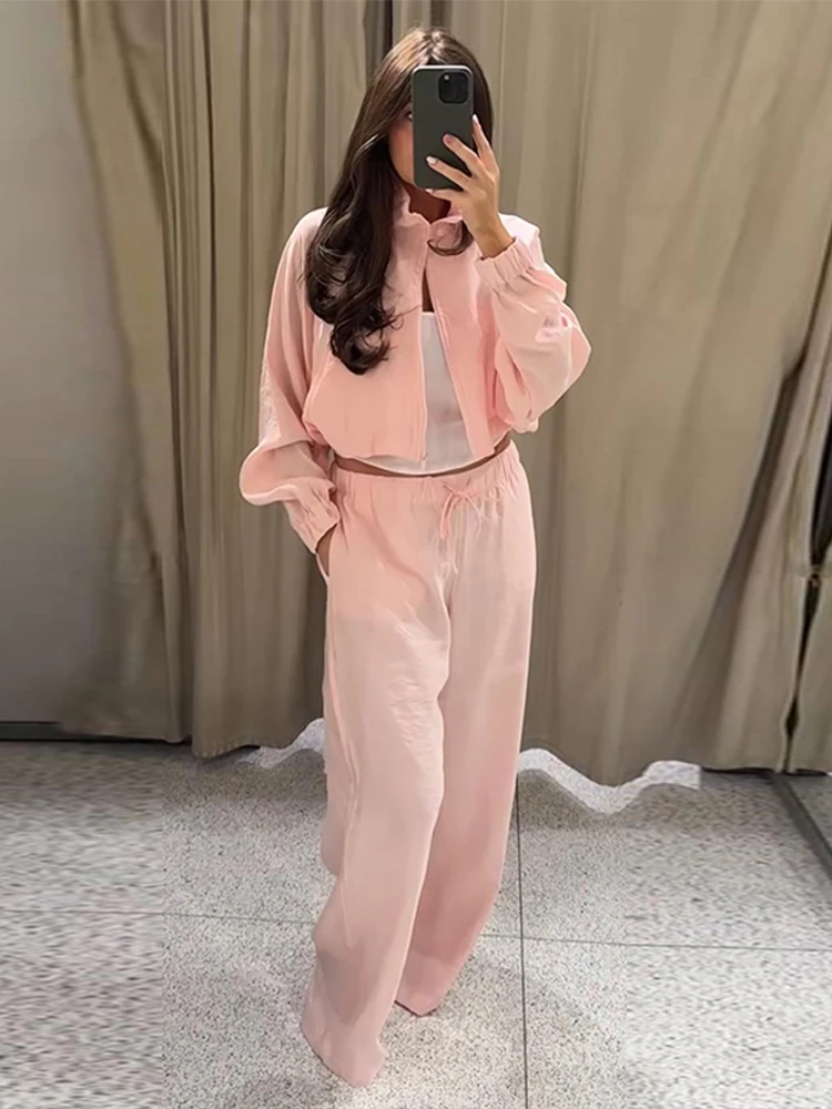 Damen-Hosenanzug 2-teilig mit Stehkragen, Laternenärmeln, Kurzmantel und Weiten Hosen, Modische Streetwear für Damen, Neu – Detail 1