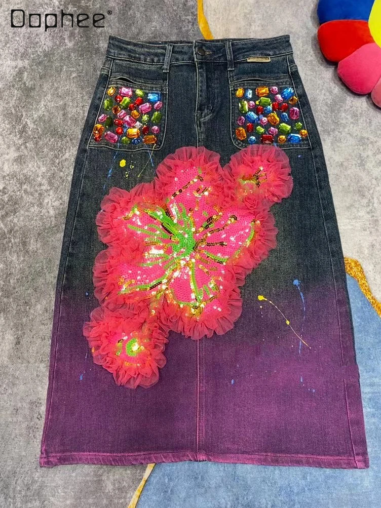 

Fashion Brand Flower Sequins Slit Sheath Skirts Female 2023 Spring and Autumn New Tie-Dyed Beaded Denim Skirt for Women