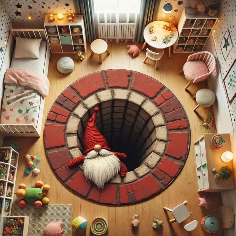 Round Brick Well Gnome Illusion Rug Soft Red Brick Wall Dwarf Pattern Decor Carpet For Playroom Bedroom Living Room Decor