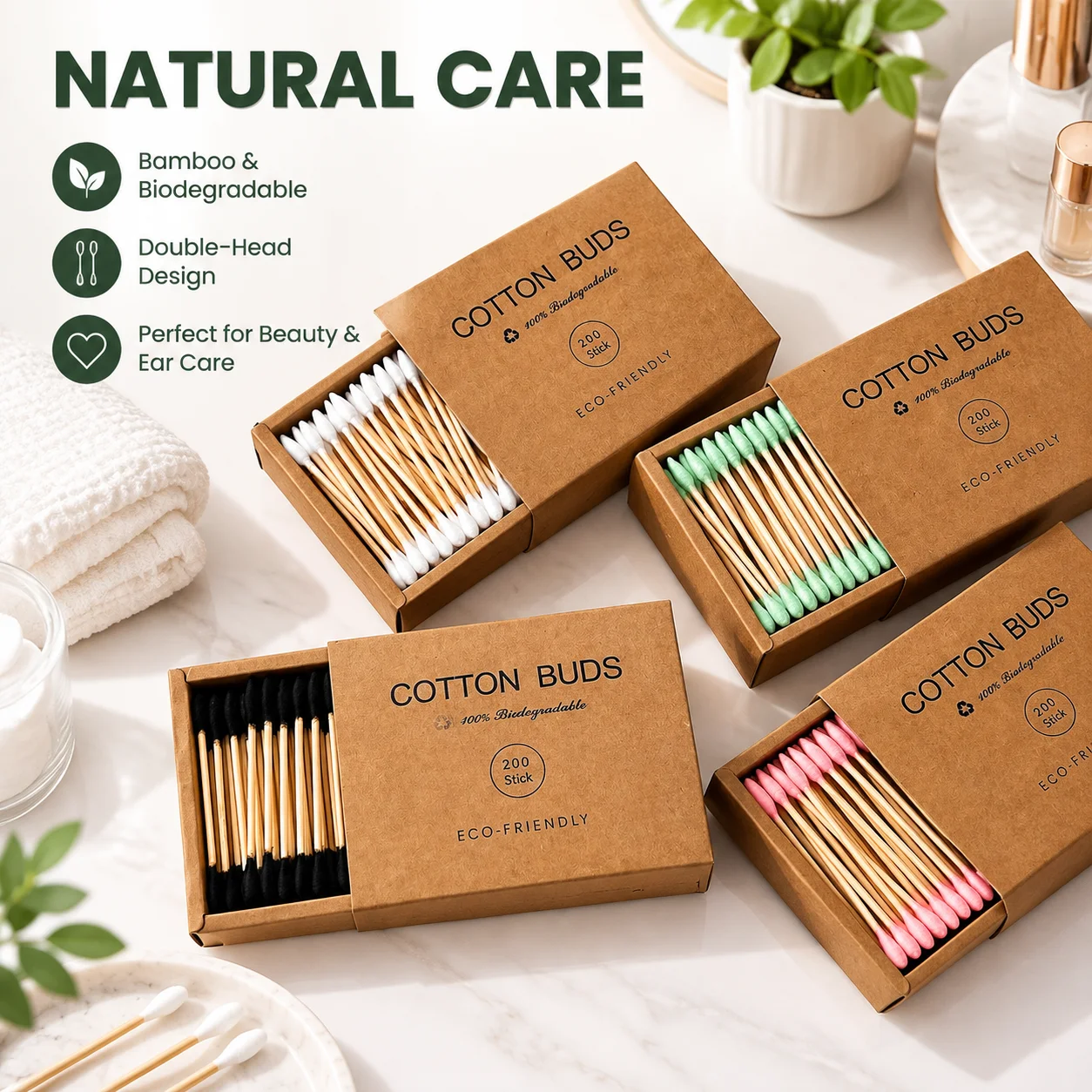 Bamboo Cotton Swabs with Double Heads for Ear Cleaning and Makeup Removal, Disposable Kraft Paper Box Beauty Tool