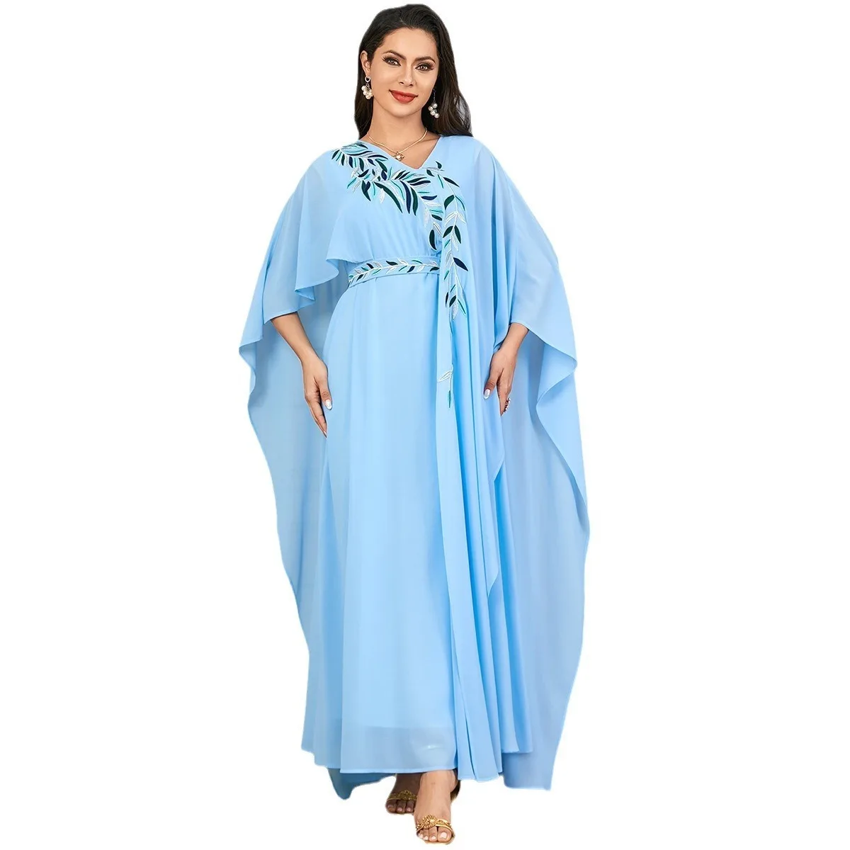 3877 New Solid Color Embroidery Fashion Light Dress Women's Robe Dress