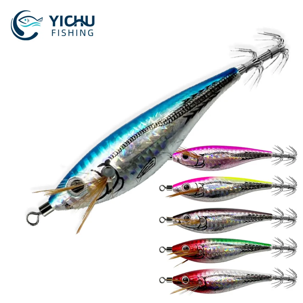 10cm 6pcs Laser Horizontal Shrimp Squid Hook Bait Luminous Round Belly Wood Shrimp Artificial Squid Lure