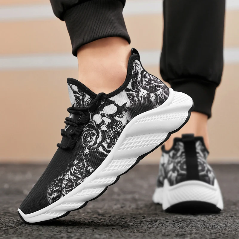 Gothic Boy Black Skull Design Light Soft Flats For Women Comfortable Mesh Sneakers Lace-up Running Shoes Halloween Gift 2025