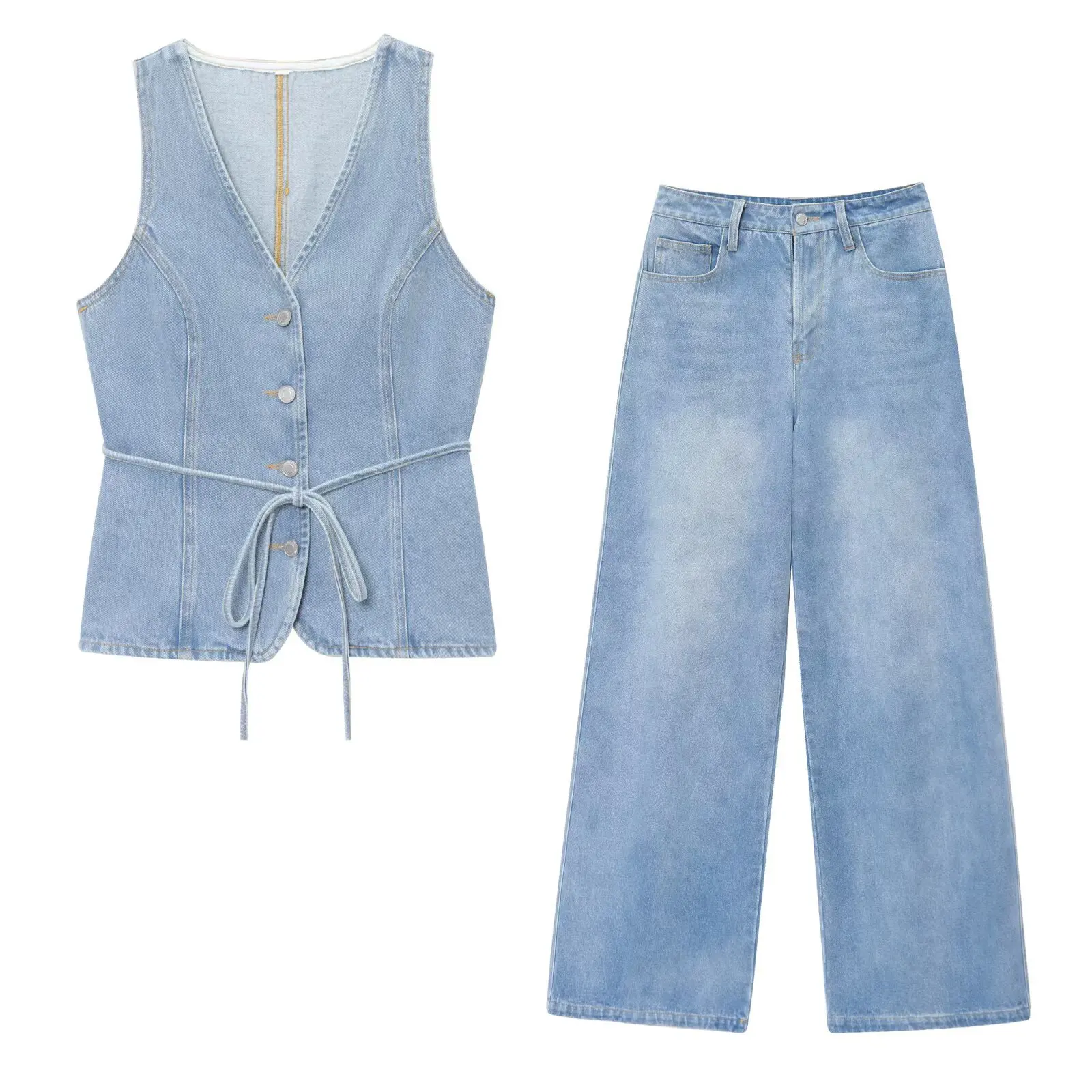 

Casual retro women's suit wide-leg denim trousers suit women's two-piece suit waist tie V-neck vest suit commuter women's wear