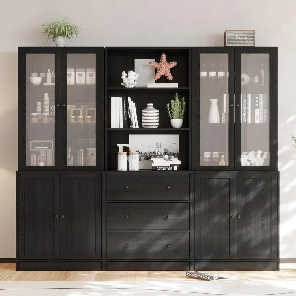 

Wood Filing Cabinet with Open Storage Shelf, Glass Doors and Fixed Storage Shelves for Home Office, Bookcases