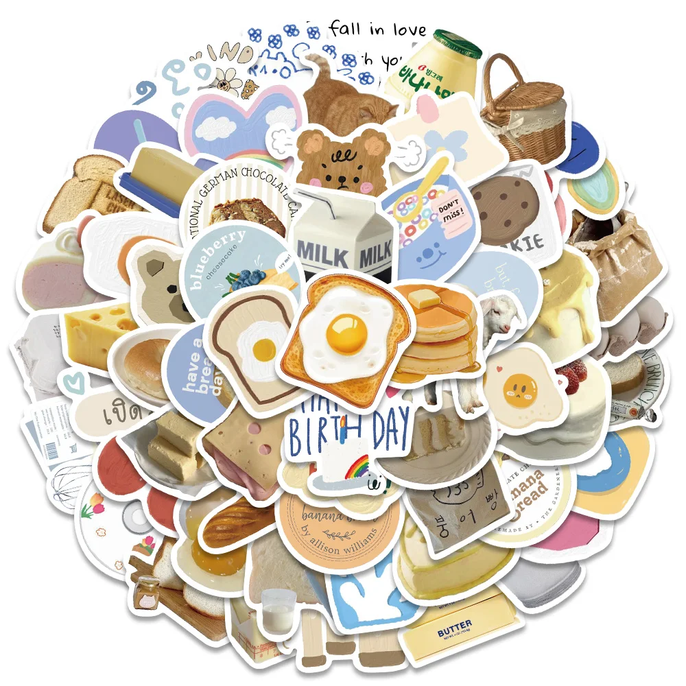 60pcs Cute Cartoon Butter and Toast Stickers For Laptop Luggage Phone Waterproof Graffiti Fridge Bicycle Car Decals