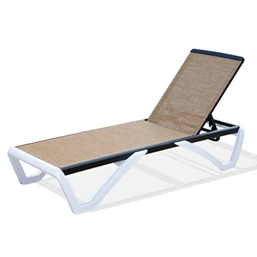 Outdoor chaise lounge chair for patio use, made of durable resin wicker in beige color with weather-resistant cushion and adjus