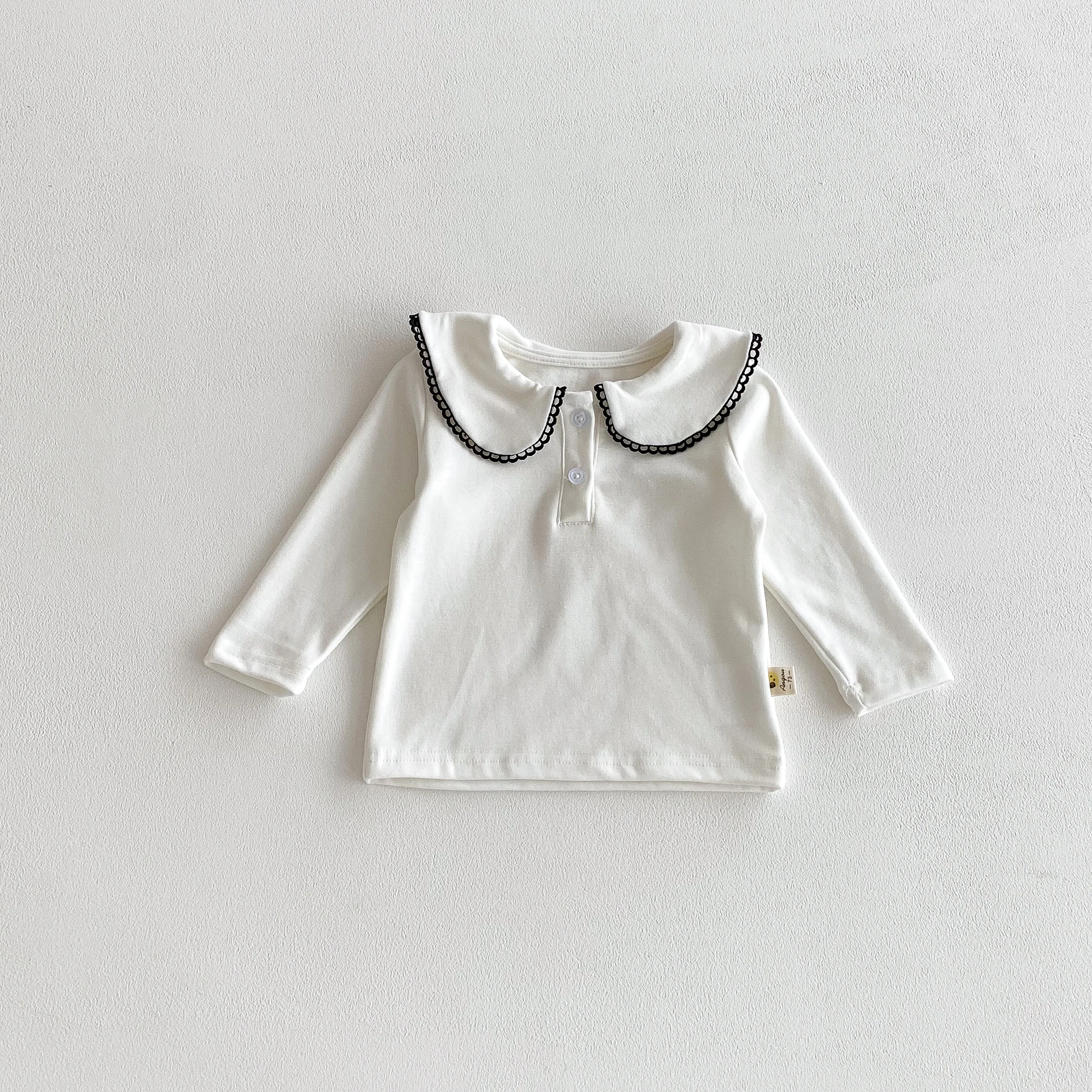 Girls' Short-Sleeved Long-Neck T-Shirt for Children, Spring-Autumn Style, Outerwear with Collar for Layering