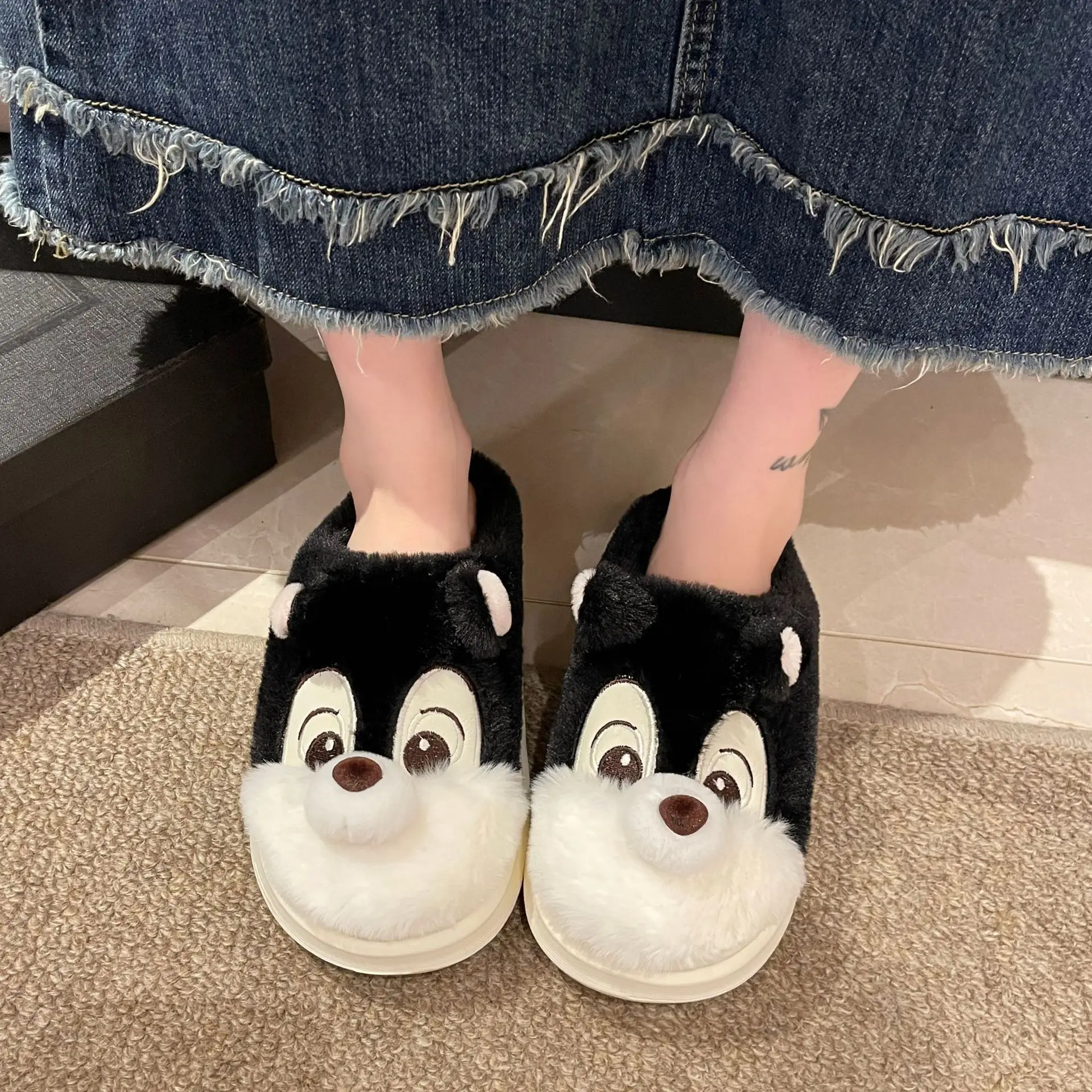 Women Cotton slippers home cartoon Animal Squirrel Plush Slipper House Slides Girls Warm Winter Fluffy Slipper