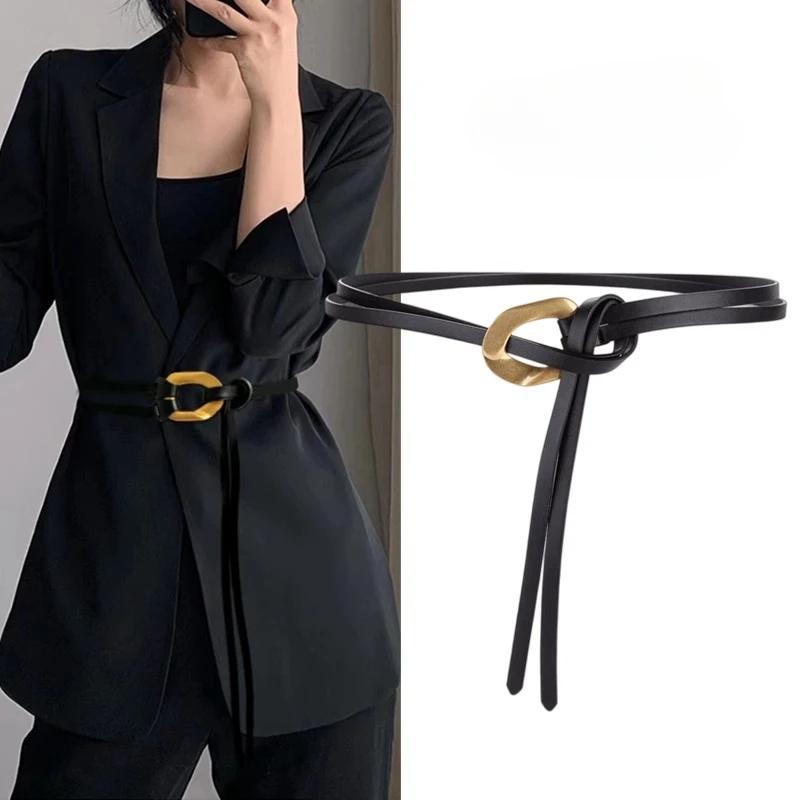 

Knot Design Vintage Thin Waist Chain Belt for Women, Double Layer Real Leather with Golden Buckle, Perfect Waist Accessory for D