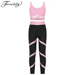 Kids Girls Gymnastics Outfits Sports Set Children Athletic Suits Sleeveless Top with Skinny Pants for Yoga Workout Fitness Gym