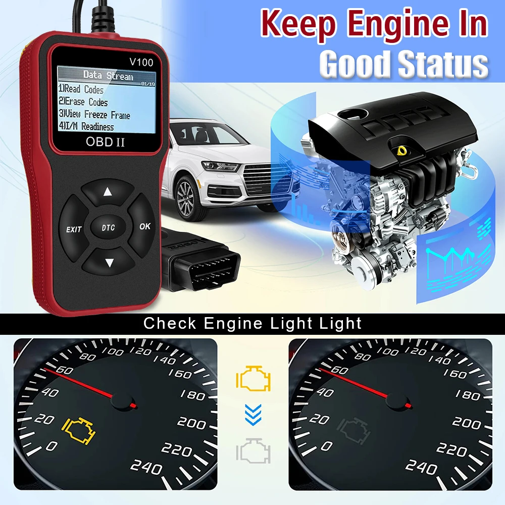 ユニバーサルOBD2スキャナー 車両診断ツール V100 OBD2コードリーダー 16ピンデジタルディスプレイ