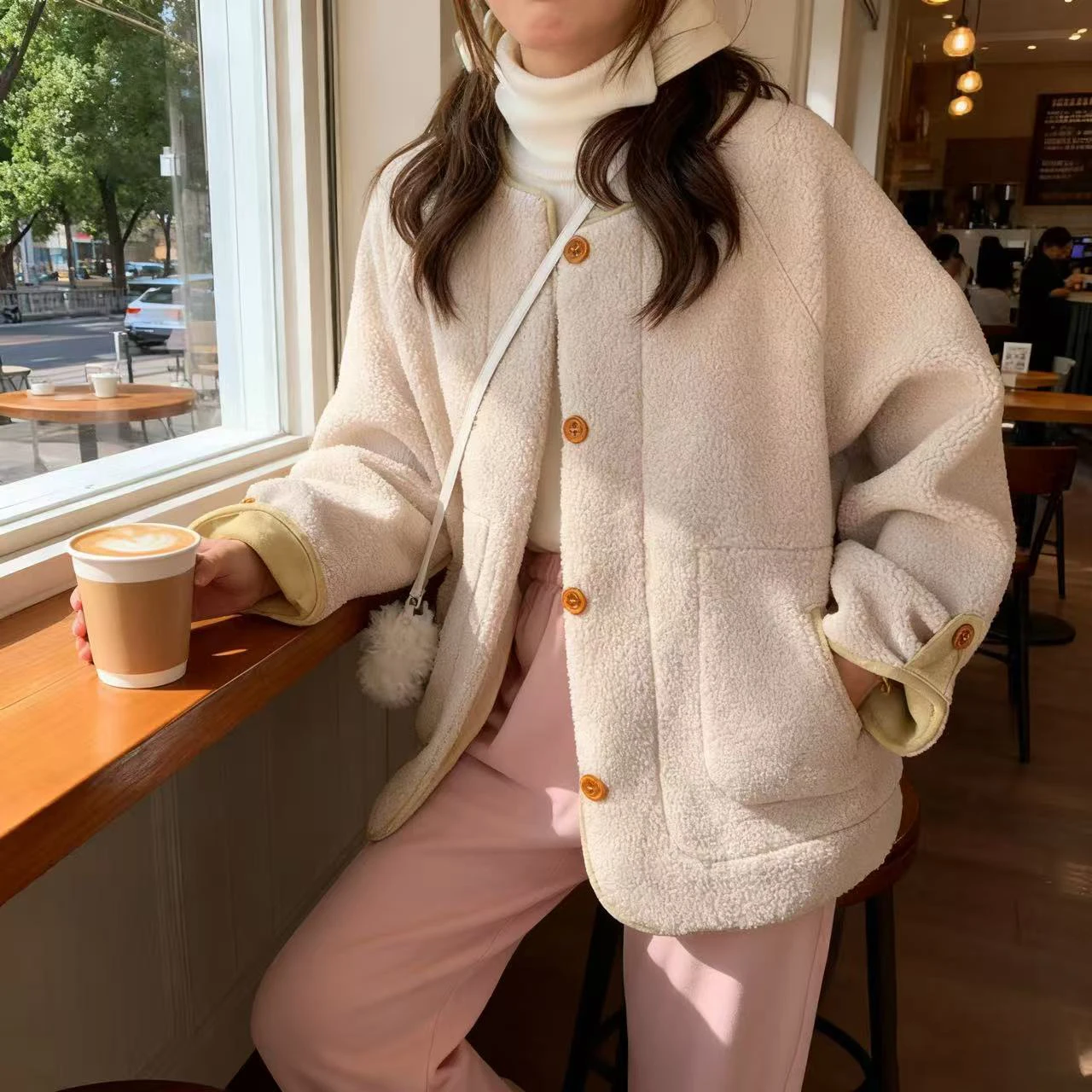 معطف نسائي للخريف والشتاء معطف أنيق من جلد البقر محاكاة كسول Sle دفء من الجلد والفراء طويل Sve بأزرار لأعلى