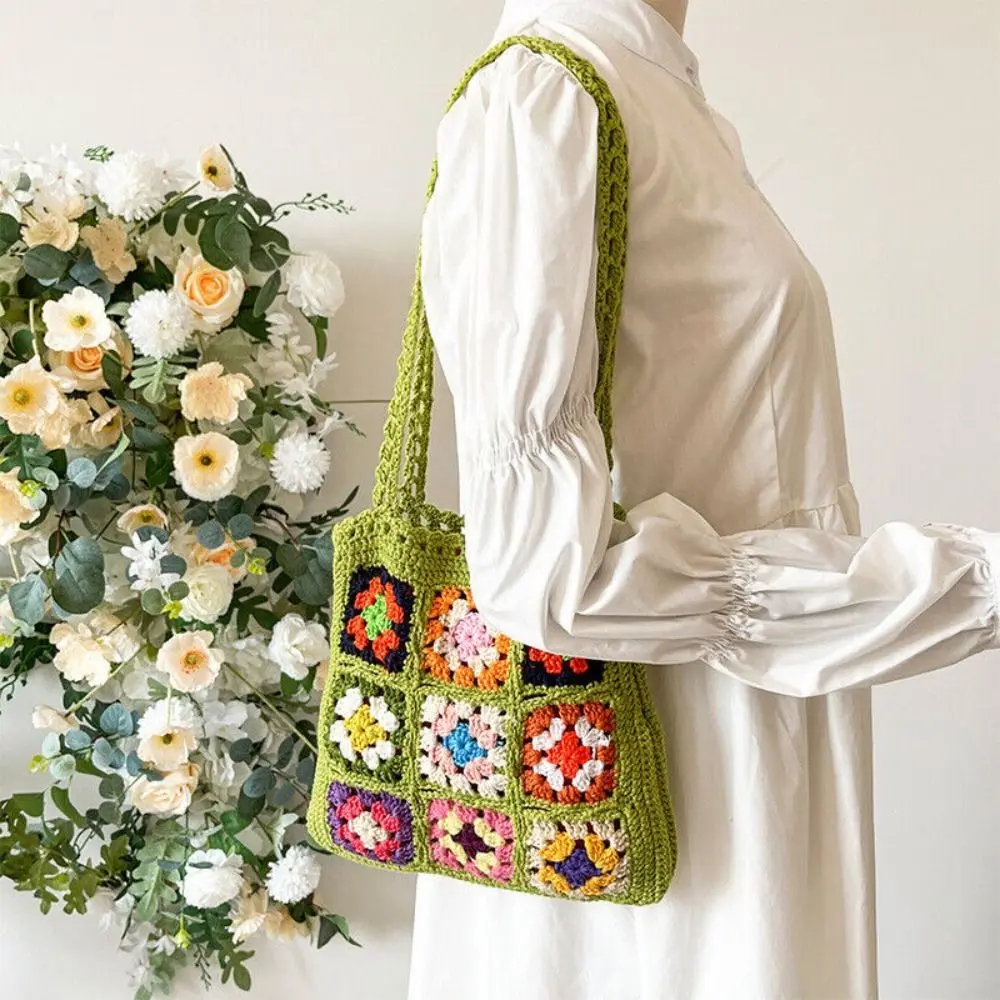 Handmade Crochet Weaving Grandmother Grid Shoulder Bag Leisure Mixed Color Flower Block Fashion Shoulder Bag