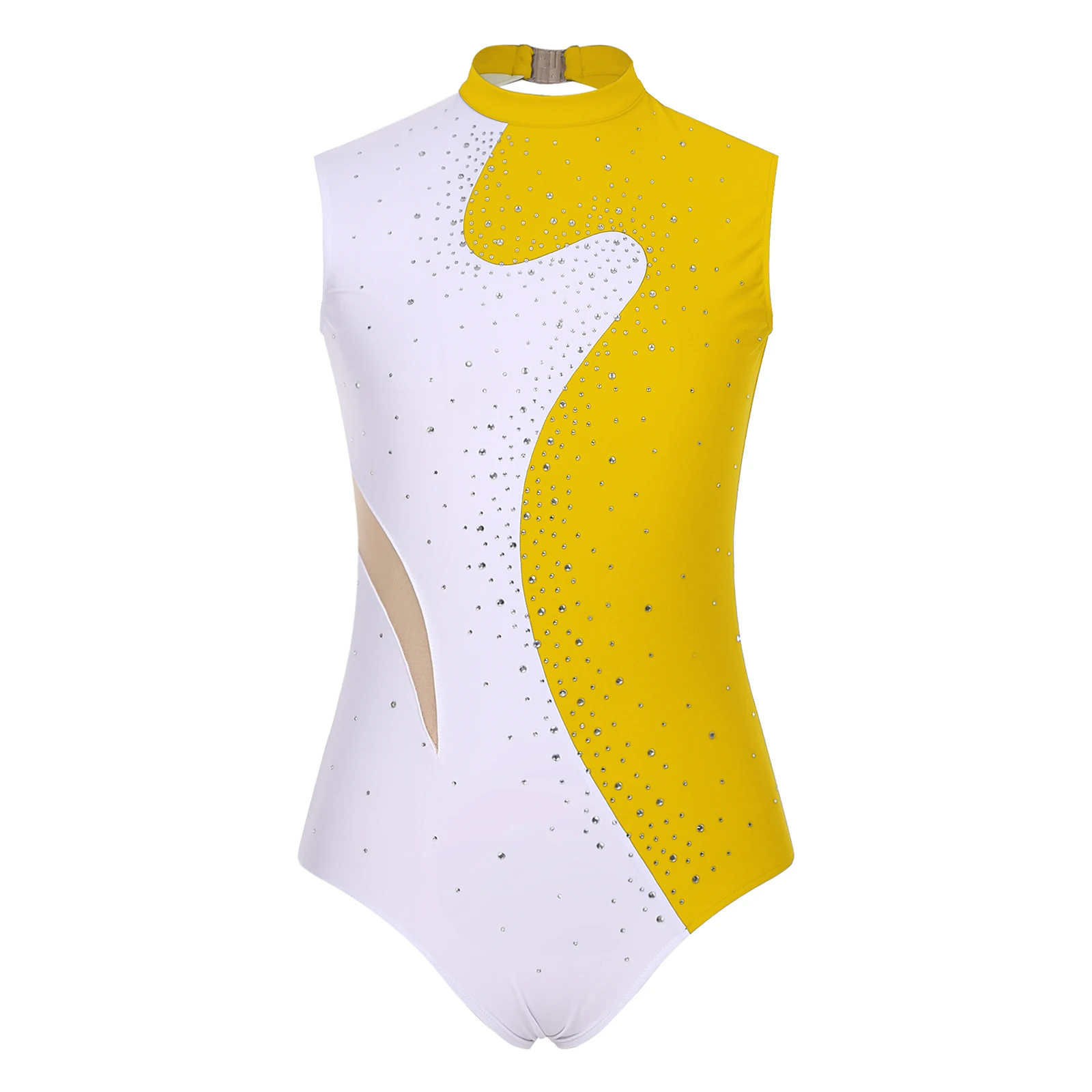 Womens kleurblok ballet dans turnpakje sprankelende strass mouwloze bodysuit voor kunstschaatsen ritmische gymnastiek jumpsuit