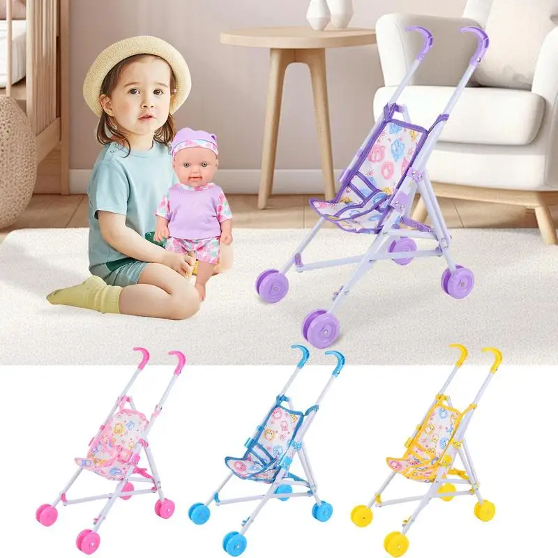 Baby Stroller Pretend Play Toys Nursery Role Play Doll House Furniture Set With T-Shaped Belt Portable Doll Pram for Toddler