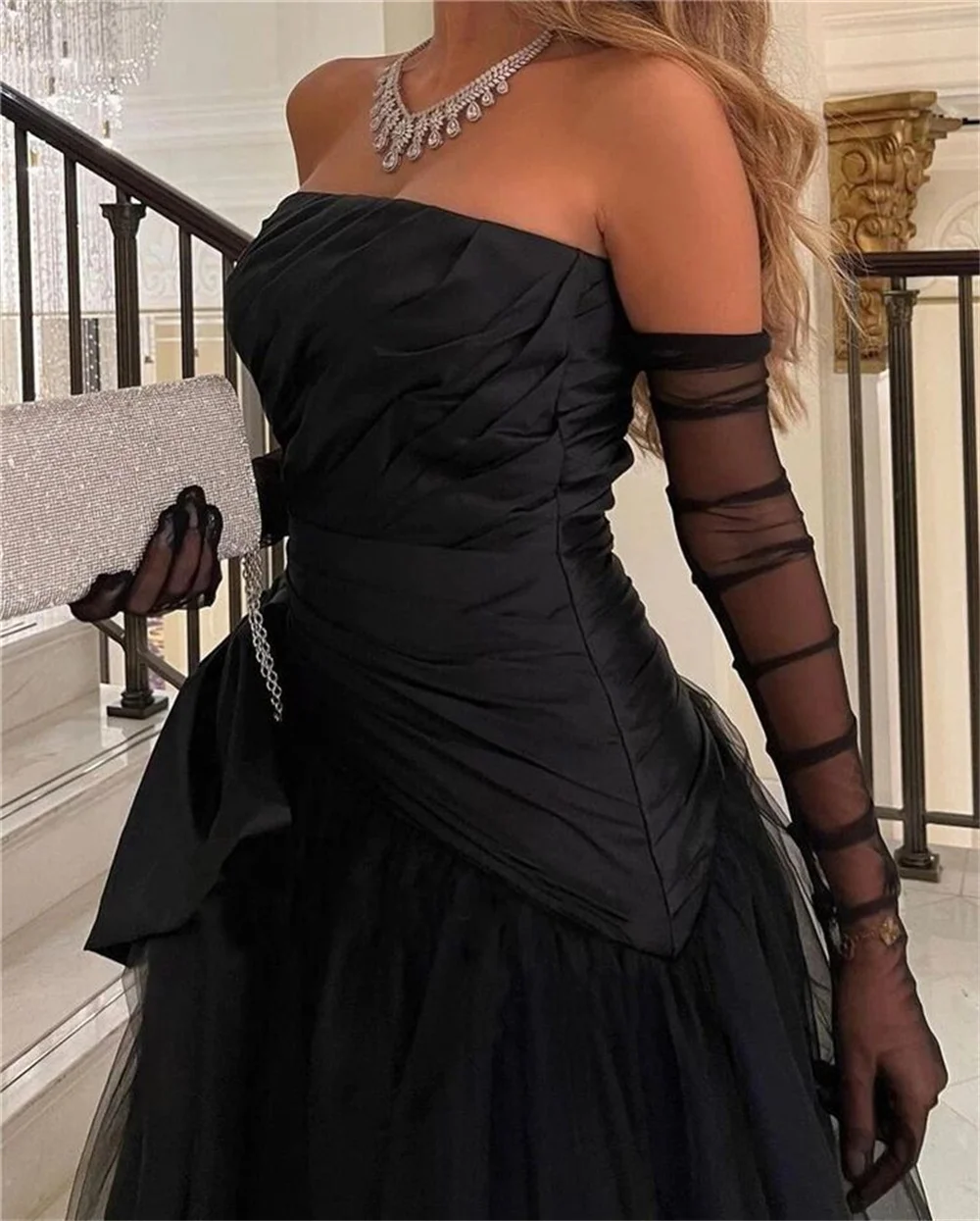 Amanda Sexy Strapless Puffy Prom Dress Blue-Black فساتين السهرة With Bow Elegant Tulle Puffy A-line Vestidos De Noche