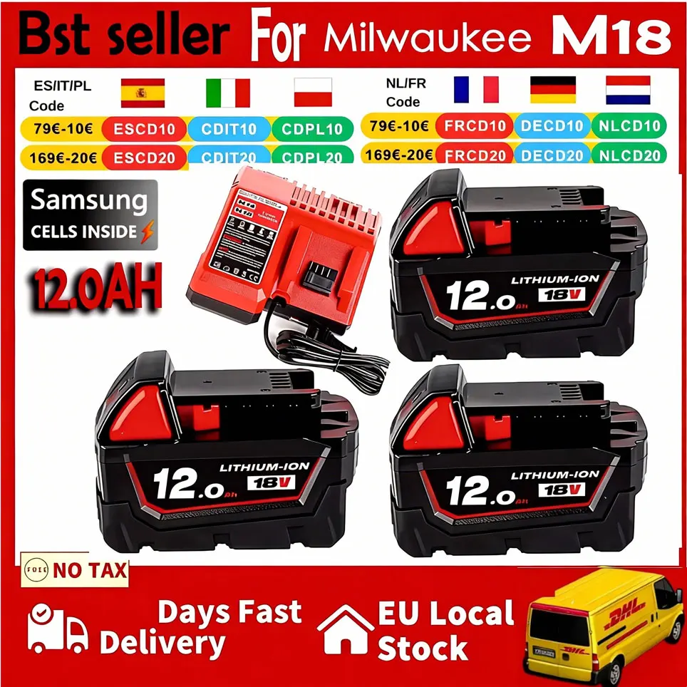 Batterie originale Milwaukee 18V 12AH M18HB8, batterie haute fonction, chargeur 6AH 12AH M12-18FC 48-11-1812,48-11-1850,48-11-1852