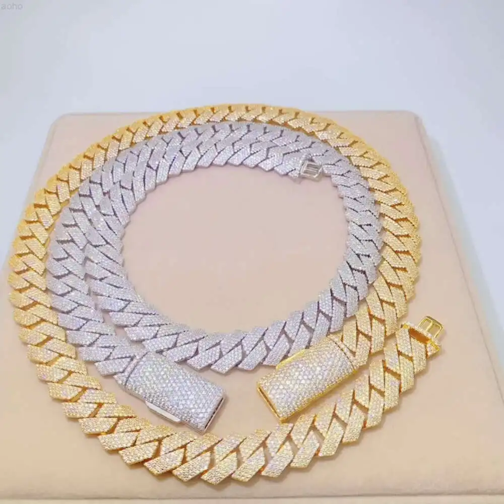 

Thick 15mm S925 Sterling Silver Full 4 Row Bling Vvs Moissanite Open Buckle Iced Out Gold Diamond Miami Cuban Chains