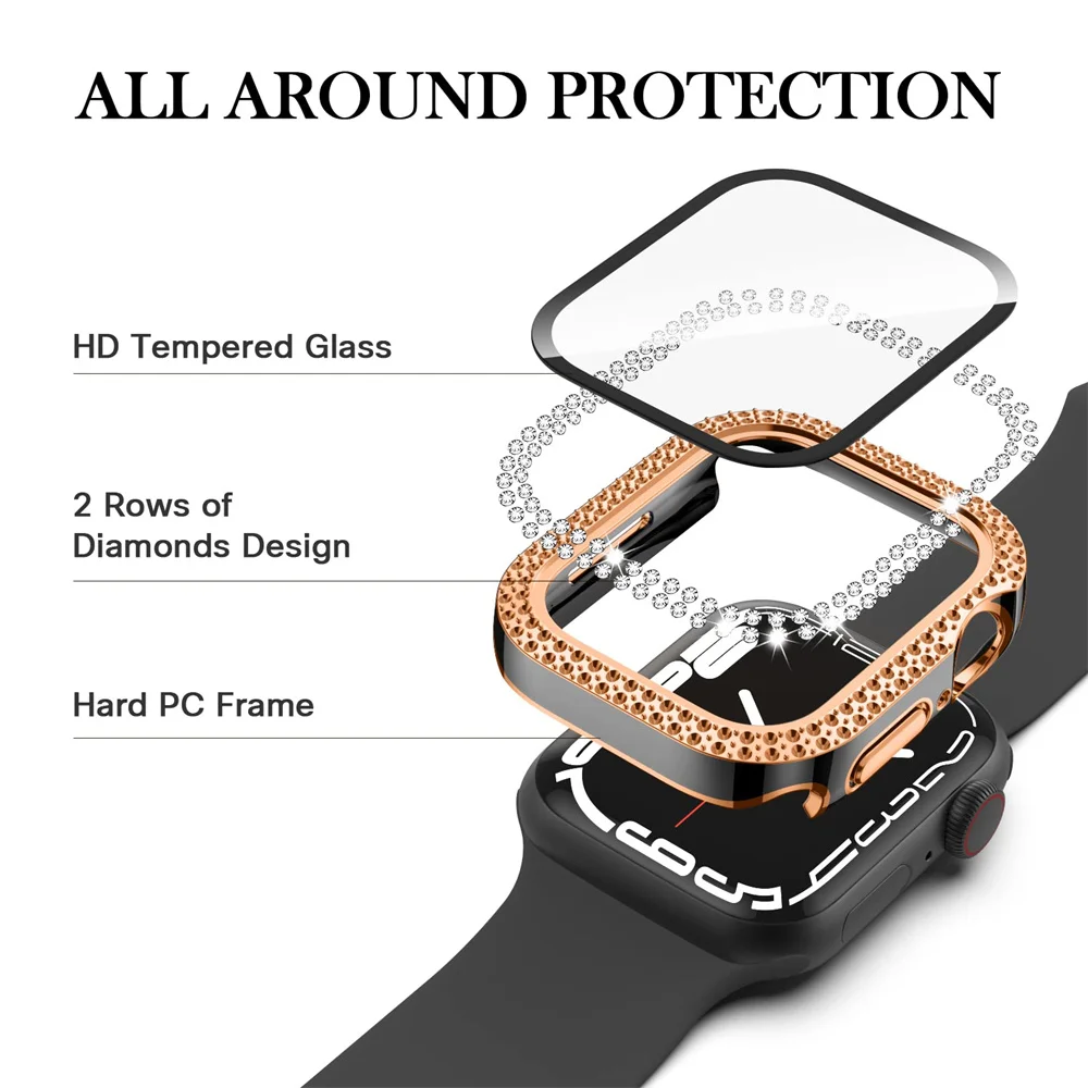 Diamond Cover For Apple watch Case 44mm 40mm 45mm 41mm HD Tempered Glass+Bumper Screen Protector iWatch series 9 8 7 6 5 4 SE