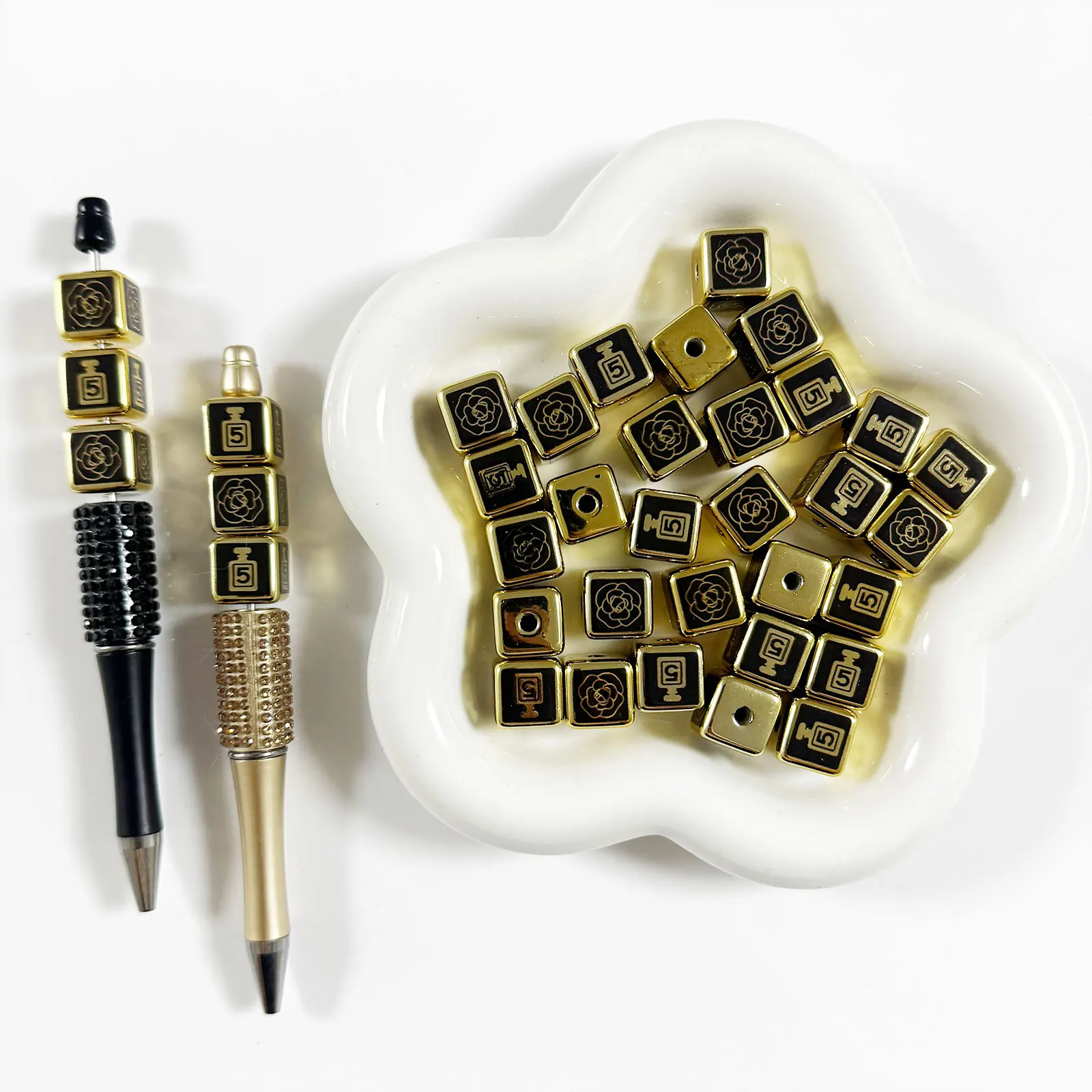 Fancy Black Gold Camellia Perfume Y2K Beads For Jewelry Making DIY Decoration Beadable Pen Phone Chain Key Ring Hair Accessories
