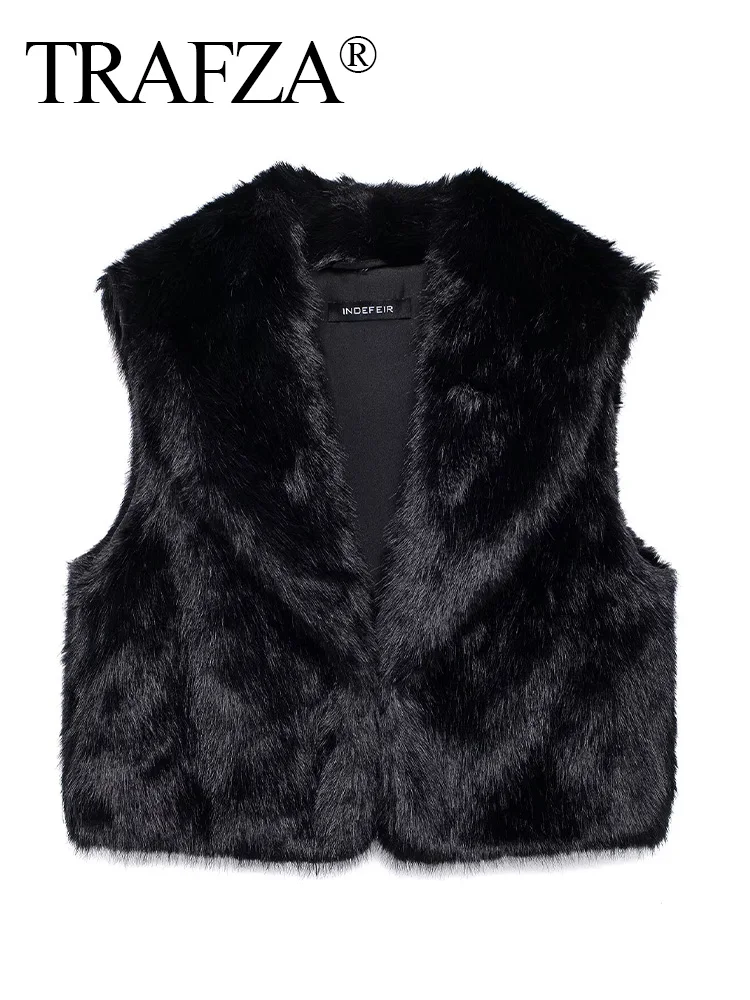 TRAFZA Women Autumn Winter Turn-down Collar Sleeveless Chic Vest Top Woman Fashion Side Pockets Artificial Fur Solid Vest Coat