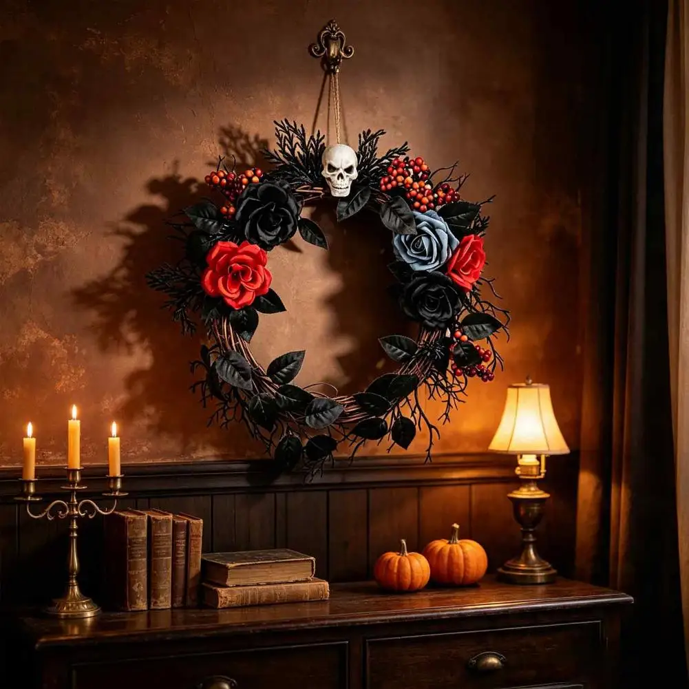 Halloween Wreath for Front Door Halloween Wreath with Black White Blue Roses Skull Berry Twig Wreath 15 Inch for Party for Wall