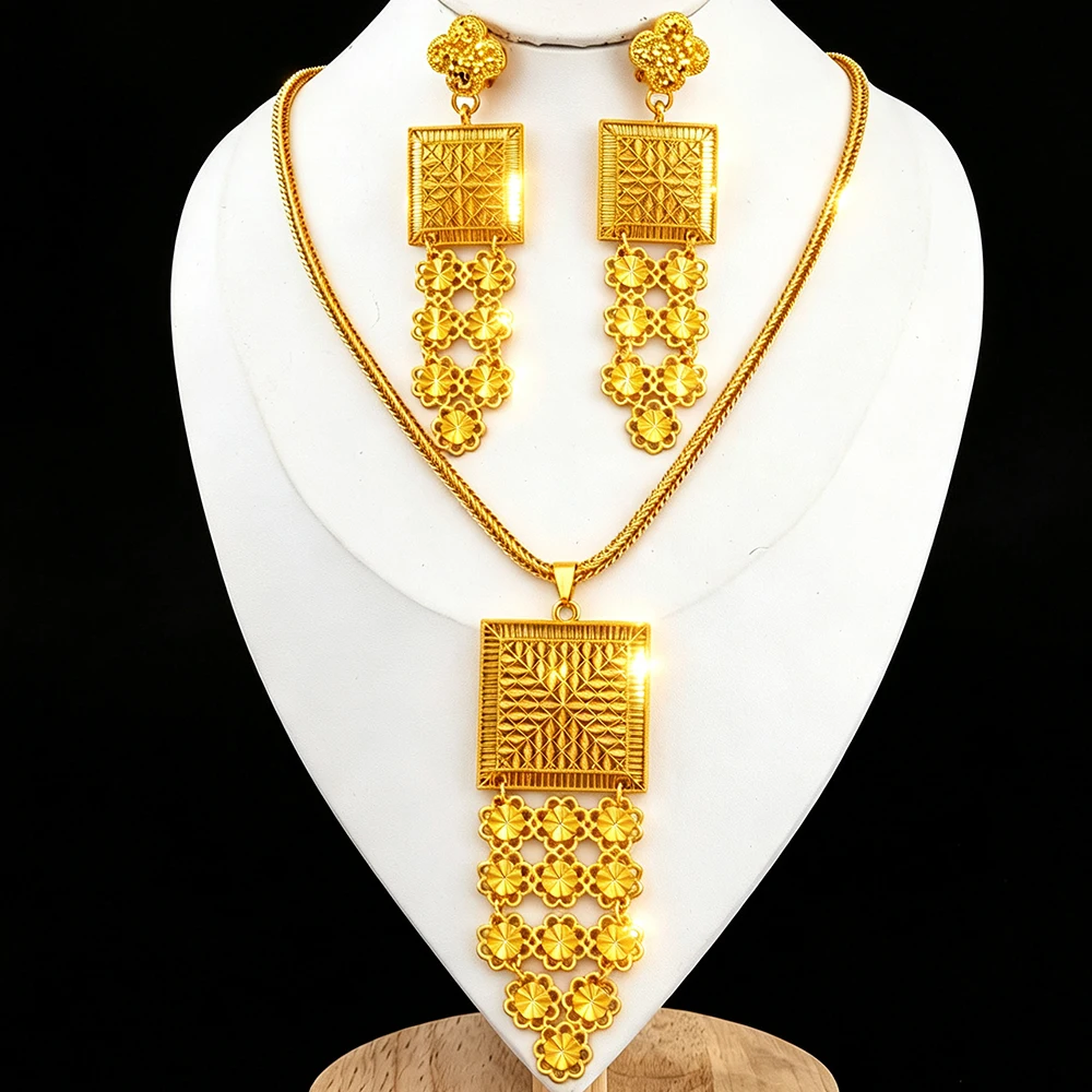 Quadratische Geometrie 2-teiliges Halsketten-Ohrringe-Set mit Fransen im Ethno-Stil, vergoldetes Schmuckset, Geschenk für Bräute im Nahen Osten, Hochzeitsgeschenk für Frauen