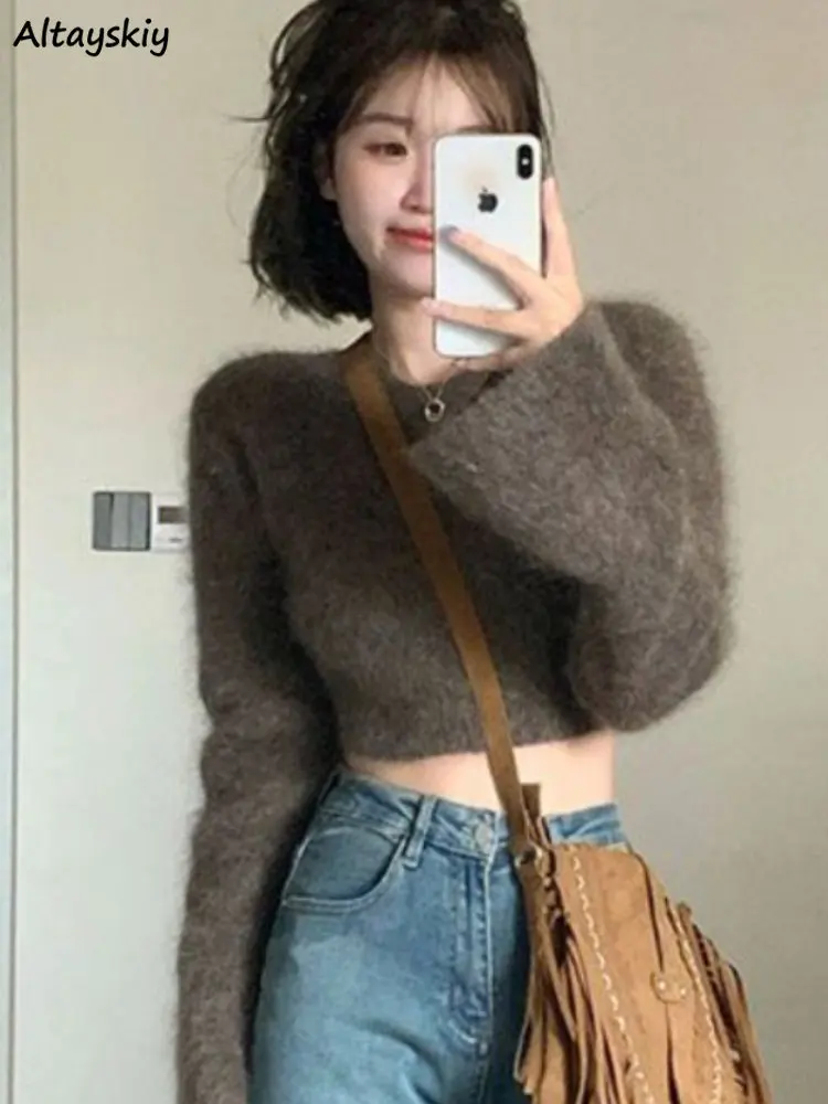 

Cropped Pullovers Women Casual Sexy Slim High Street Autumn Y2k Clothes Sweater Knitwears Harajuku Elegant Solid Korean Fashion