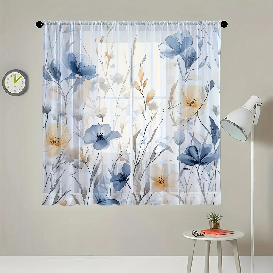 2PCS Digital Print Sheer Curtains, Blue Yellow Flowers, Vibrant Contrast Floral Garden for Bedroom Living Room Home Decor