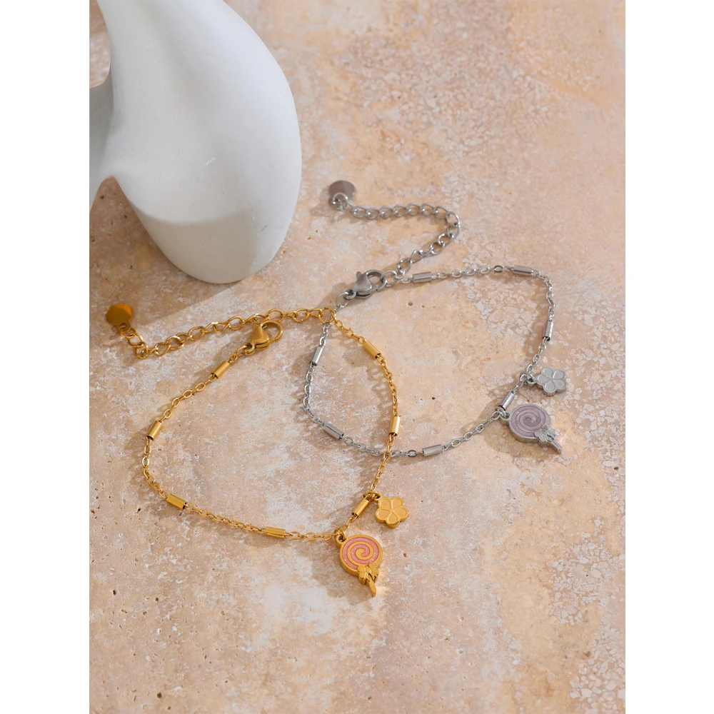 Yhpup Fashion Stainless Steel Enamel Lollipop Flower Drop Golden Bracelet Bangle High Quality Sweet Wrist Jewellery Gift