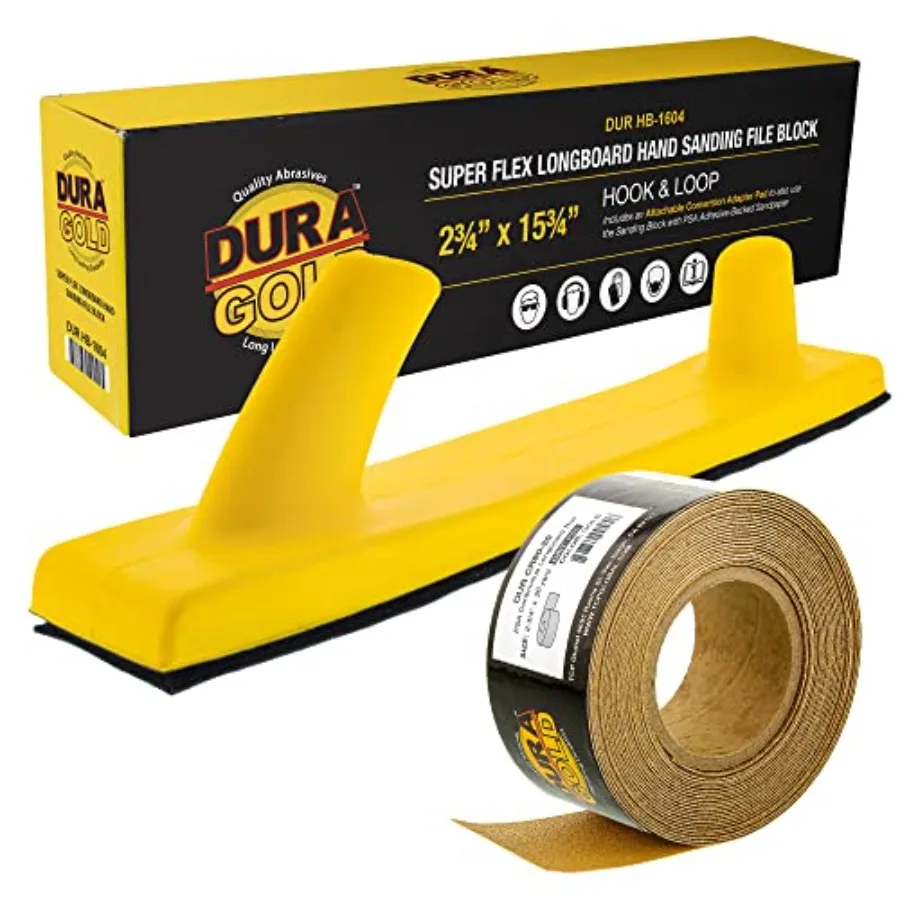 

Dura-Gold Pro Series Super Flex Longboard Hand Sanding File Block with Hook and Loop Backing and PSA Backing Adapter Pad and 32