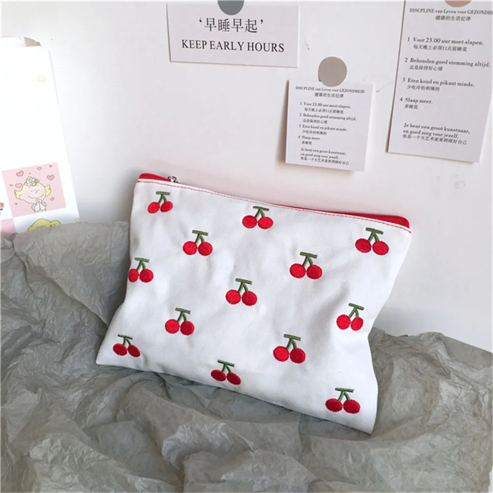 Cosmetic Bag Fashion Cartoon Cherry Embroidery Pencil Case Make Up Storage Pouch Student Stationery Bag