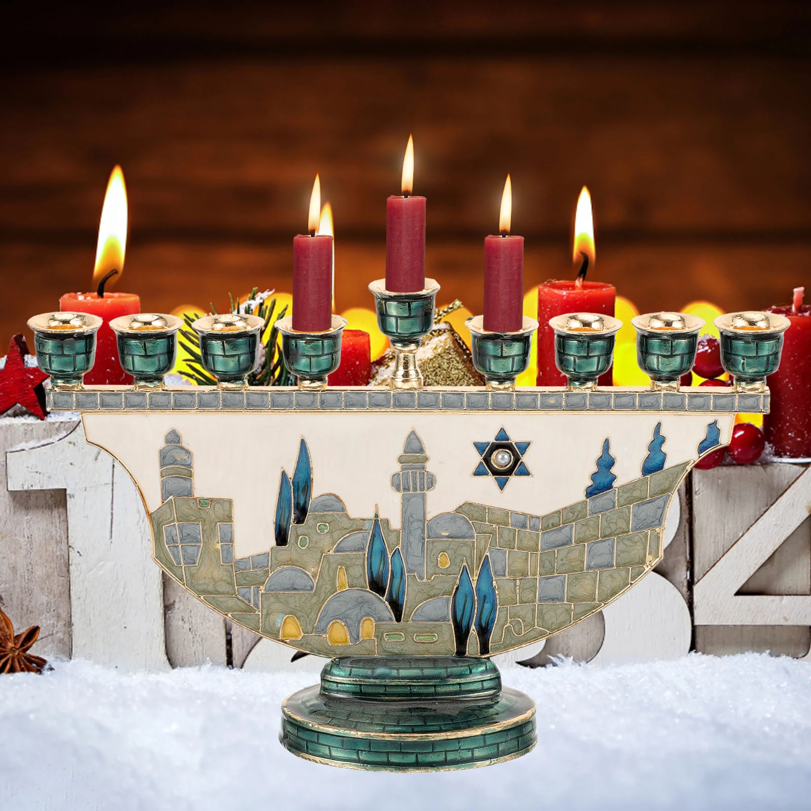 

Jerusalem Candlestick Hanukkah Menorah Jewish Holders for Taper Candlesticks Decorate Party Table Centerpiece Metal Display