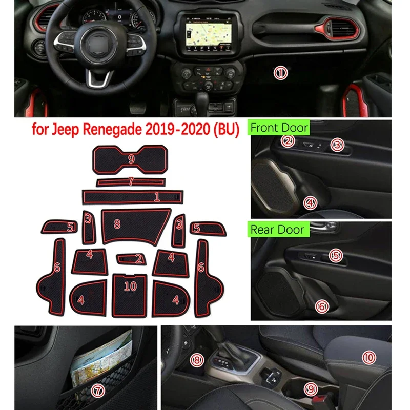 Groove Mat Car Interior Accessories Anti-slip Door Groove Cup Rubber Cushion for Jeep Renegade 2018~2020 2019 Facelift Models