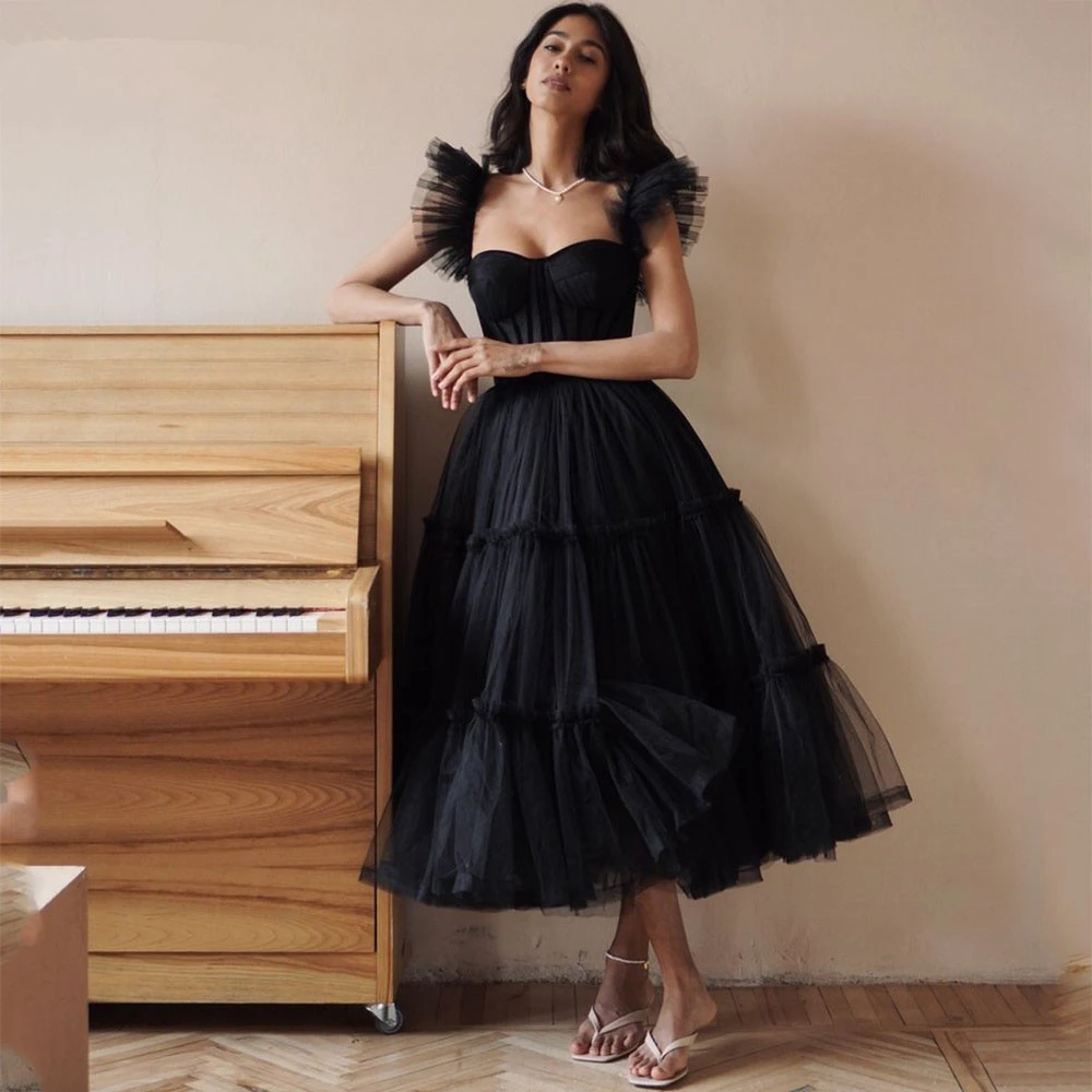 

Customized Evening Dresses Black Tulle Classic Ruffles Tea-Length Tiered A-Line Lace up Plus size Women Formal Party Gown H867